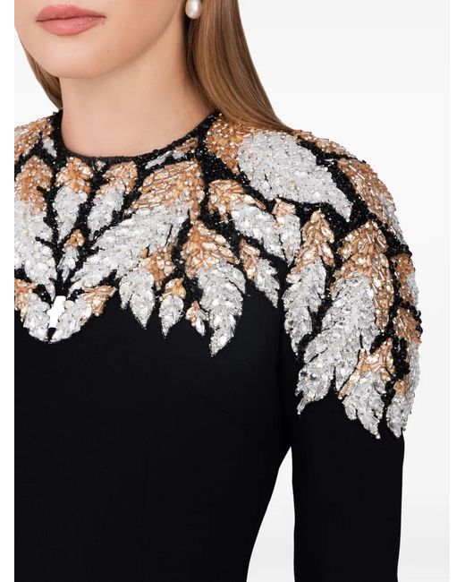 Dina Melwani Black Crystal-Leaf Maxi Dress