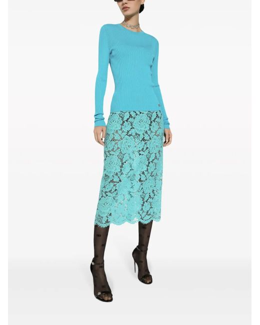 Dolce & Gabbana Blue Floral-Lace High-Waisted Midi Skirt