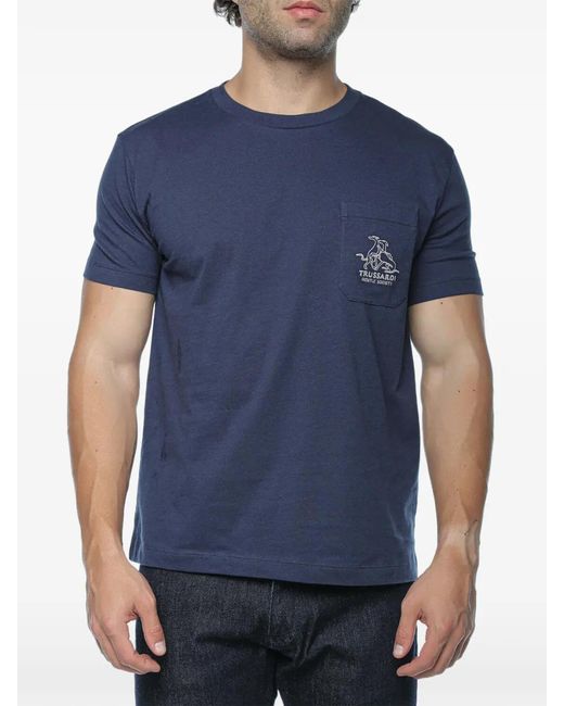 Trussardi Blue Embroidered-Logo Pocket T-Shirt for men