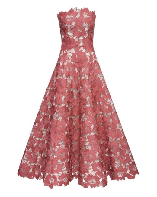 Oscar de la Renta フローラル ストラップレス ドレス Red