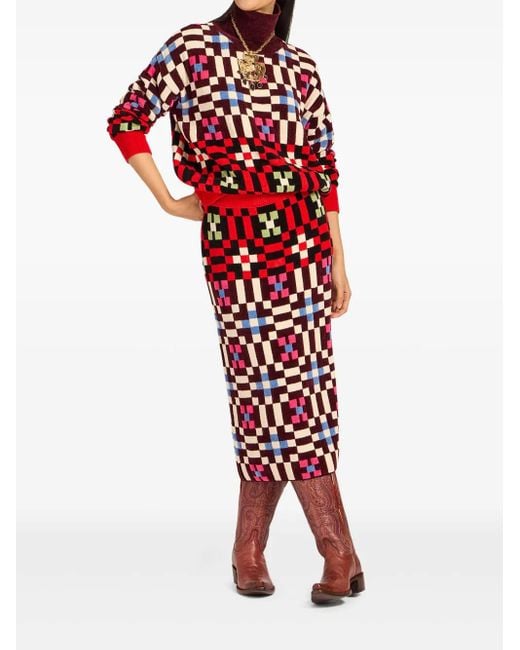 LaDoubleJ Red Byte Geometric-Pattern Knit Skirt