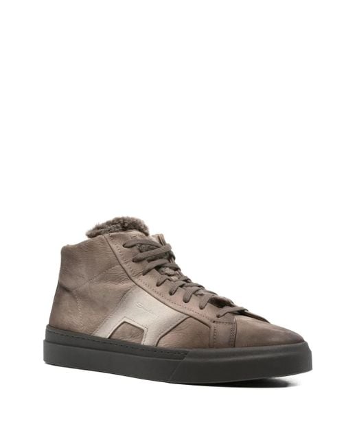 Santoni Brown Leather Shearling Sneakers for men