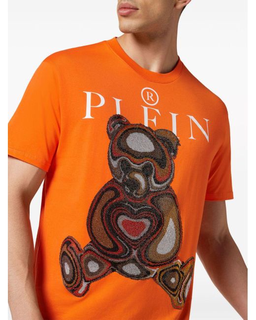 Philipp Plein Orange Crystals Teddy Bear Cotton T-shirt for men