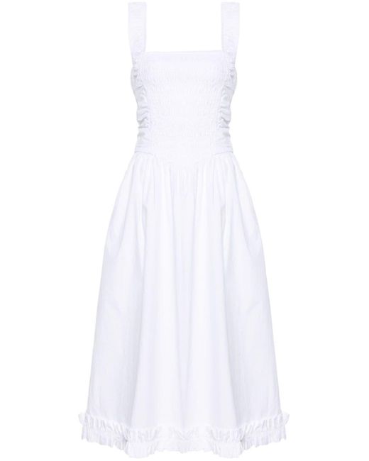 Ganni White Smocked Poplin Midi Dress