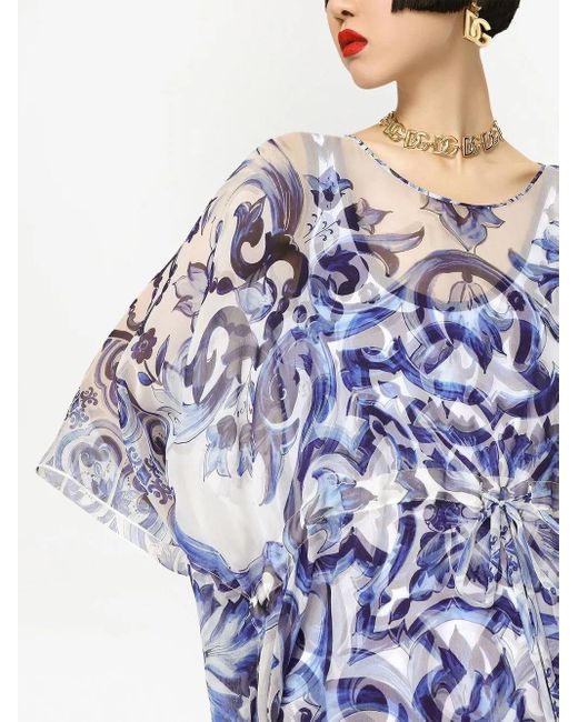 Dolce & Gabbana Blue Majolica-Print Silk Caftan