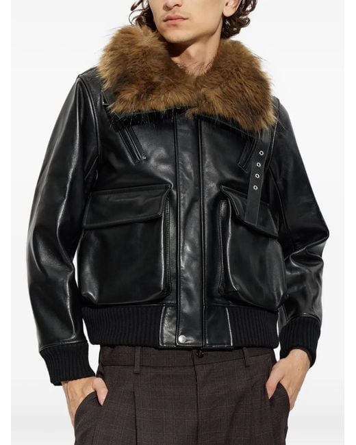 Sacai Black Faux-Fur Collar Leather Jacket for men