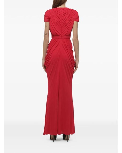 McQueen Red Ruched V-Neck Maxi Dress