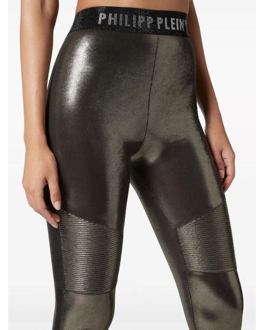 Philipp Plein Gray Logo-Waistband Lamé Leggings