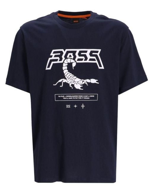 Boss Blue Tescorpion Graphic-print Cotton T-shirt for men