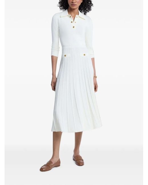 Michael Kors White Robe Plissée À Col Polo À Coupe Mi-Longue