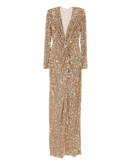 Elisabetta Franchi Natural Sequin-Embellished V-Neck Dress