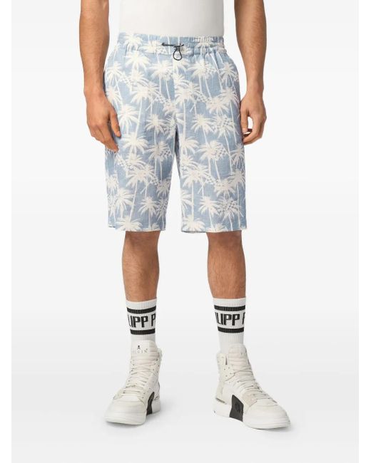Philipp Plein Blue Kid Fit Chambray-Print Shorts for men