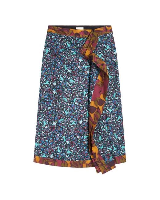 Dries Van Noten Blue Midi Draped Abstract-Print Skirt