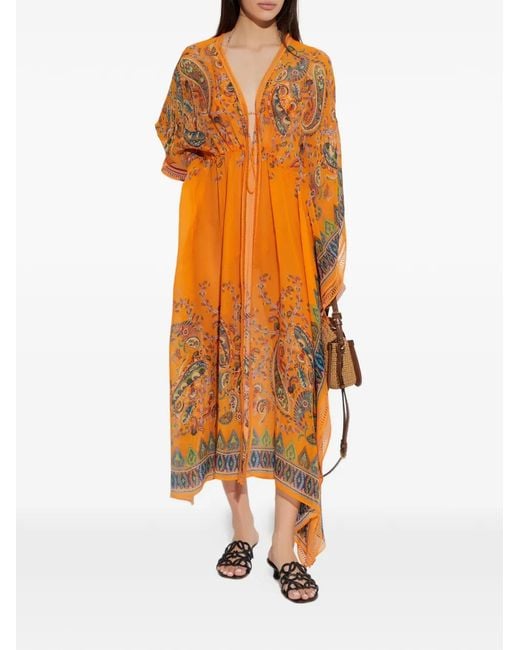 Etro Orange Paisley Crochet-Detail V-Neck Midi Dress