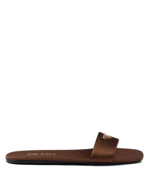 Prada Triangle-Logo Satin Slides in Brown | Lyst