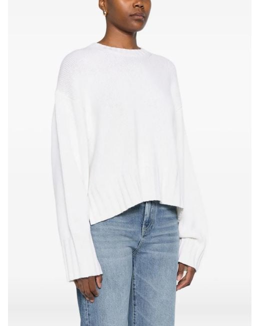 Allude White Ribbed-Hem Long-Sleeves Sweater
