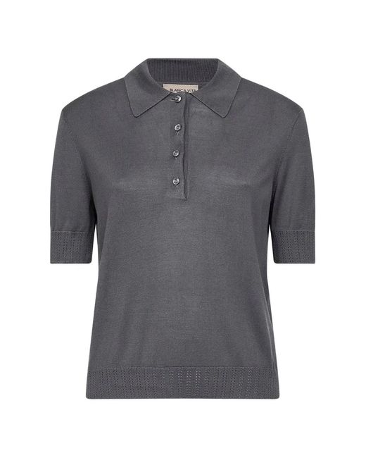 Blanca Vita Gray Pointelle-Knit Silk Polo Shirt