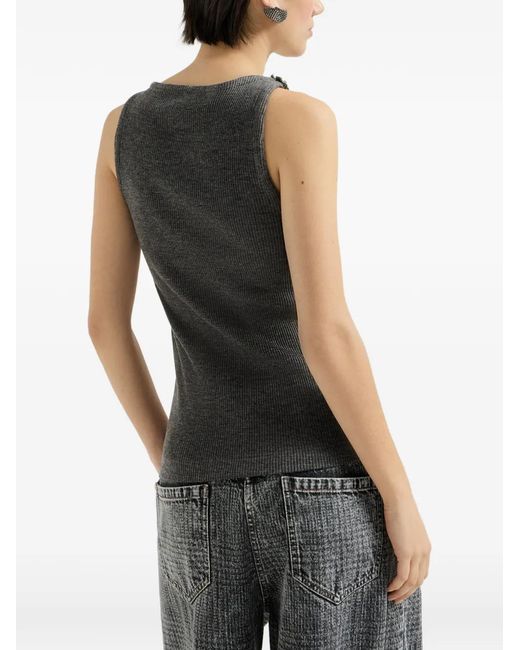 Brunello Cucinelli Black Ribbed Wool Jersey Top With Dazzling Lace Embroidery