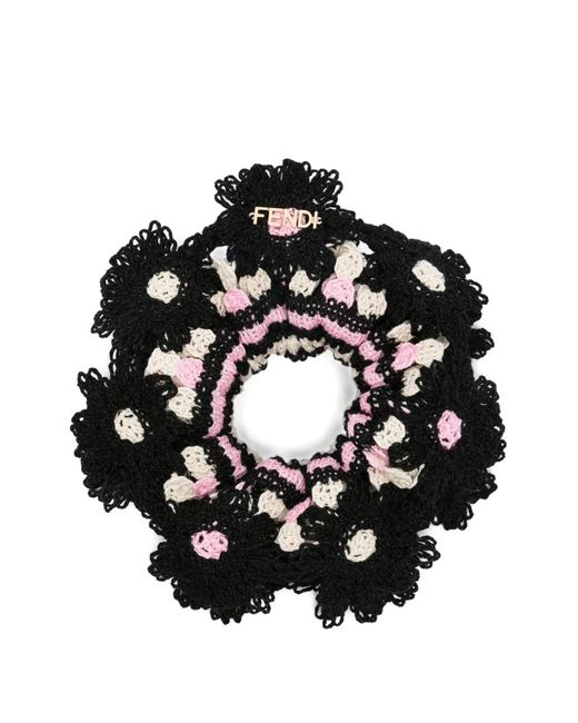 Fendi Black Crochet Floral-Patch Scrunchie
