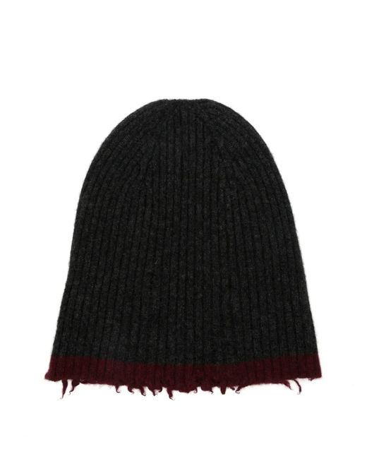 Uma Wang Black Ribbed-Knit Frayed-Hem Beanie Hat for men
