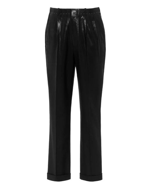 Maison Margiela Black Pleated Coated-Finish Trousers for men