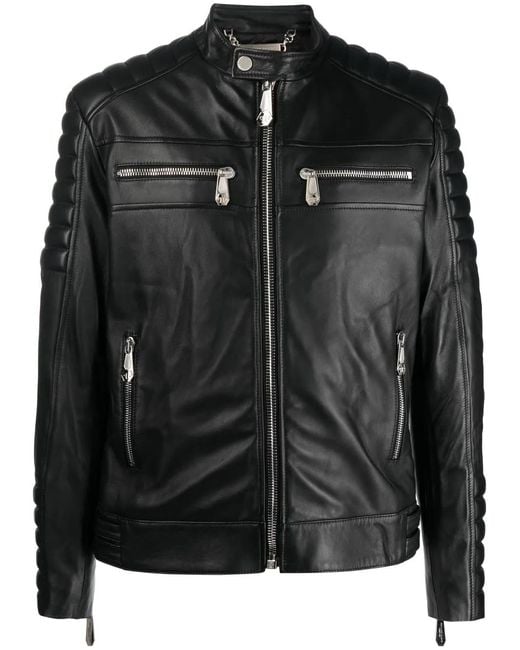 Philipp Plein Black Long Sleeve Leather Jacket for men