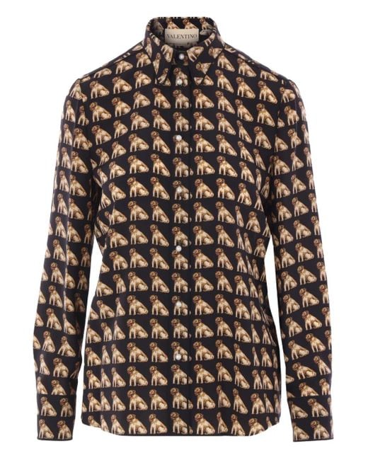 Valentino Garavani Black Dog-Print Pearl-Button Silk Shirt