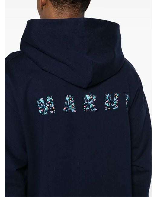 Marni Blue Logo-Print Cotton Hoodie for men