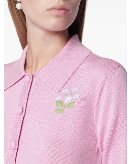 Self-Portrait Pink Flower-Embroidered Knit Cardigan