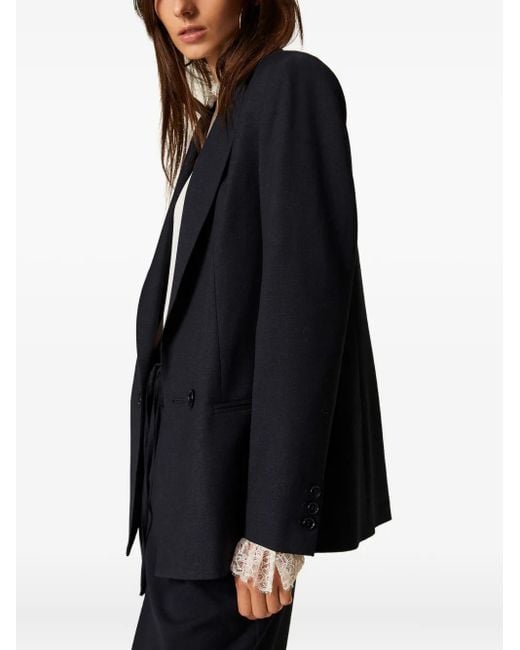 Twinset Blue Double-Breasted Wool-Blend Blazer