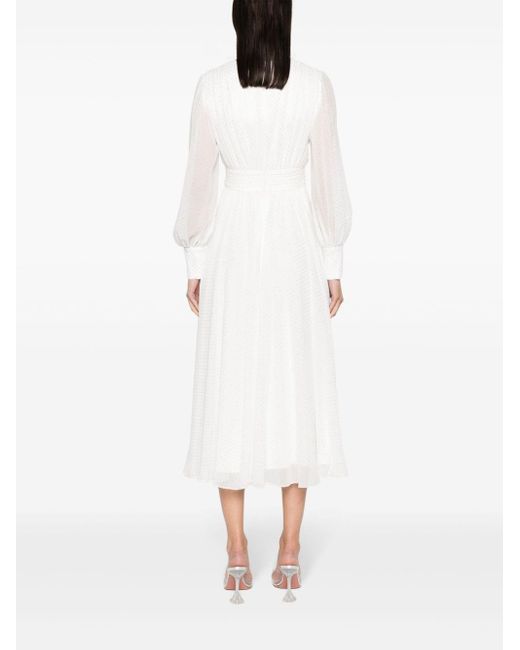 Nissa White Polka-dot Flared Midi Dress