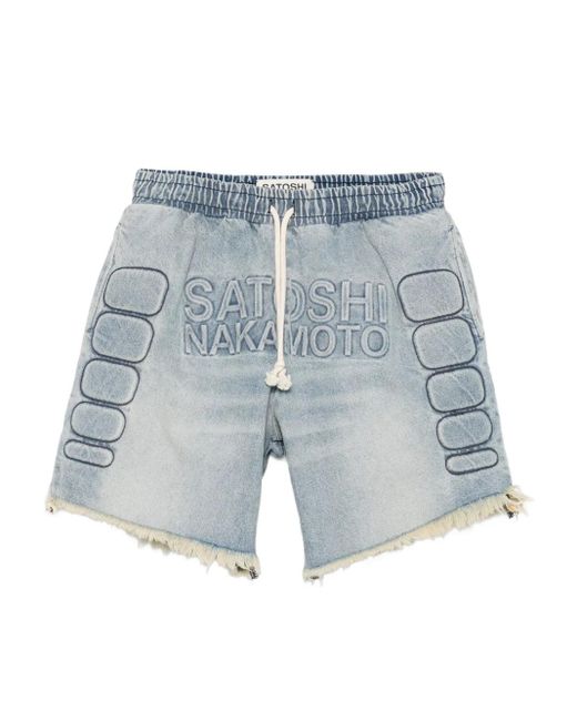 Satoshi Nakamoto Blue Logo-Embroidered Frayed Shorts for men