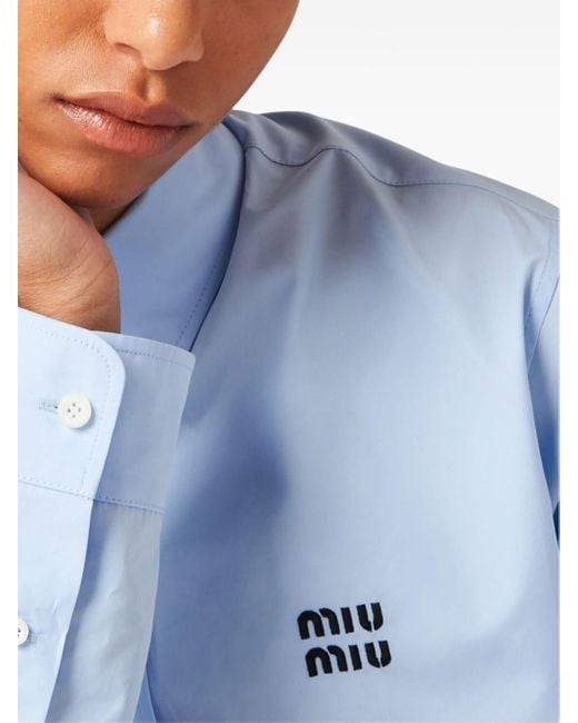Miu Miu Blue Popeline-Hemd mit Logo-Stickerei