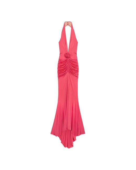 Blumarine Pink Rose-Appliqué Halterneck Maxi Dress