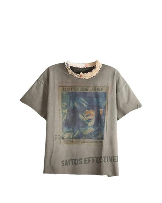 SAITOS Gray See Jane Graphic-Print Distressed-Neck T-Shirt for men