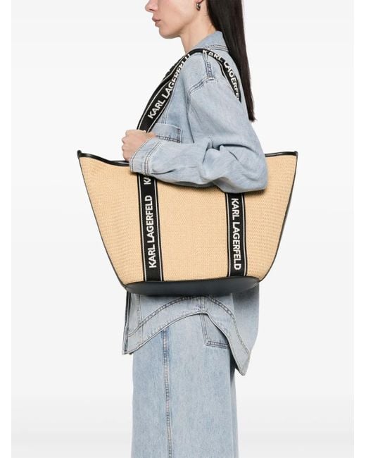 Karl Lagerfeld White Logo-Patch Raffia Beach Bag