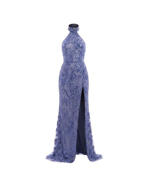 Saiid Kobeisy Blue Halter-Neck Sequin-Embroidered Maxi Dress