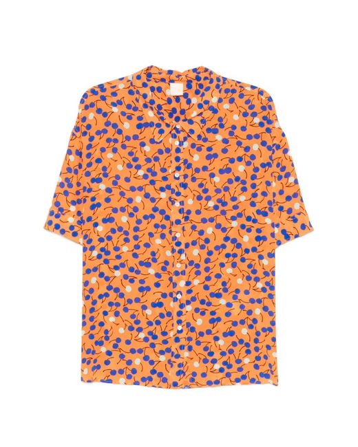 Aspesi Orange Cherry-Print Short-Sleeve Blouse