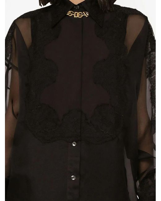 Dolce & Gabbana Black Organza Tuxedo Shirt With Lace Inserts