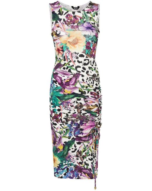 Just Cavalli White Floral-print Ruched Maxi Dress