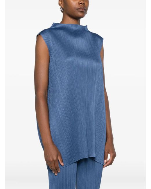 Pleats Please Issey Miyake Blue Pleated Sleeveless Top