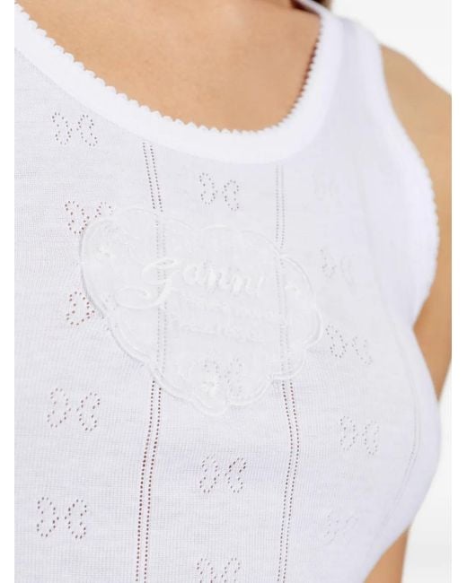 Ganni White Logo-Patch Pointelle-Knit Top