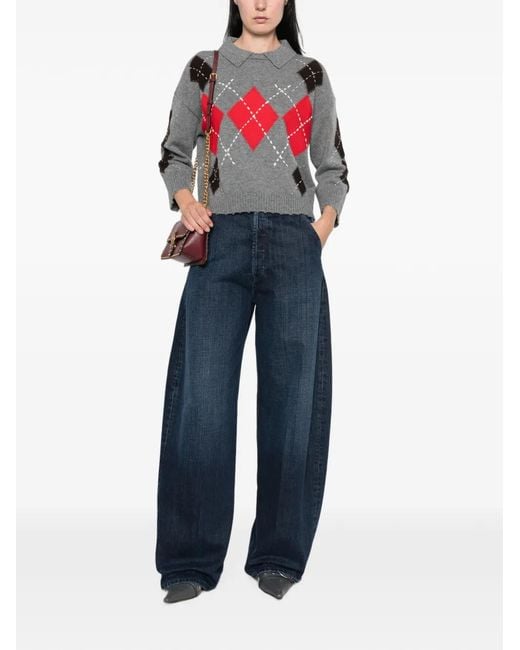 Pinko Argyle-Pattern Collared Sweater