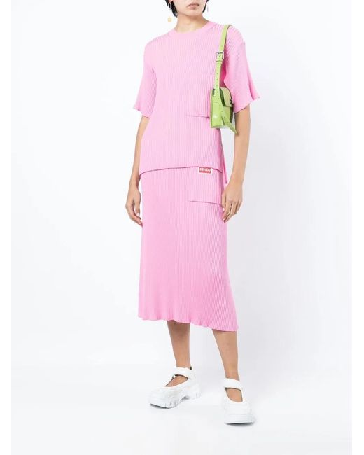 KENZO Pink Logo-Patch Ribbed Short-Sleeve Top