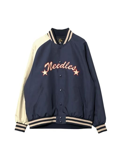 Needles Blue Logo-Embroidered Contrast-Sleeve Bomber Jacket for men