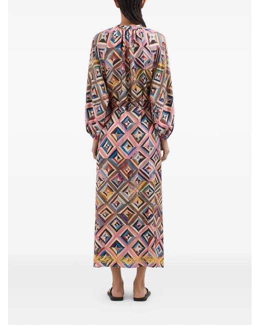 Pierre Louis Mascia White Balloon-Sleeve Geometric-Pattern Midi Dress