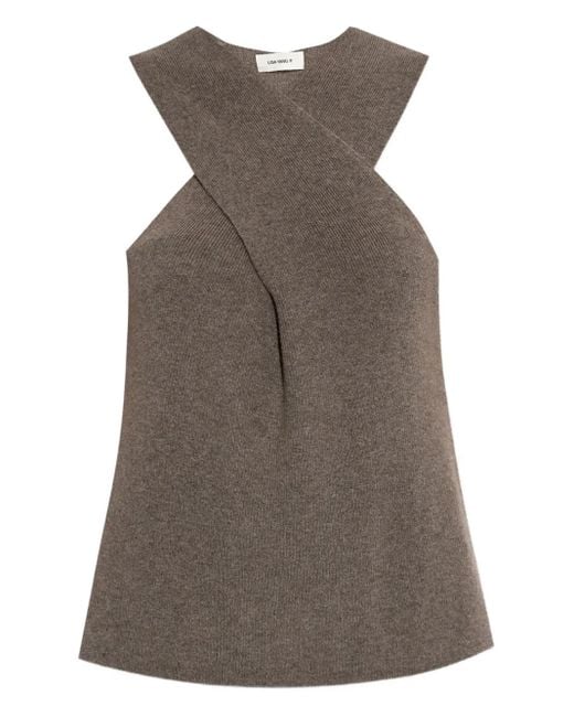 Lisa Yang Brown Cross-neck Ribbed Top