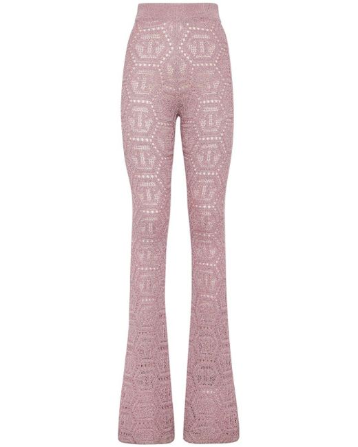 Philipp Plein Pink Monogram-pattern Open-knit Trousers
