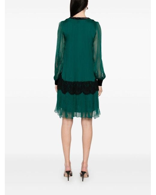 Nissa Green Lace-Insert Silk Mini Dress