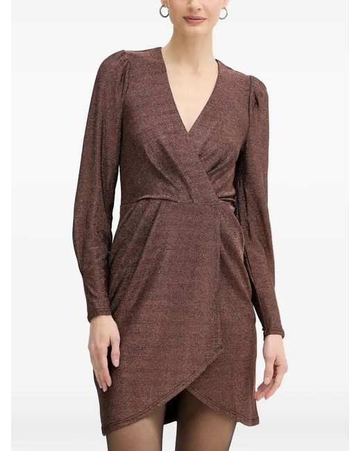 Morgan Brown Rnino Metallic-Effect Wrap-Style Mini Dress